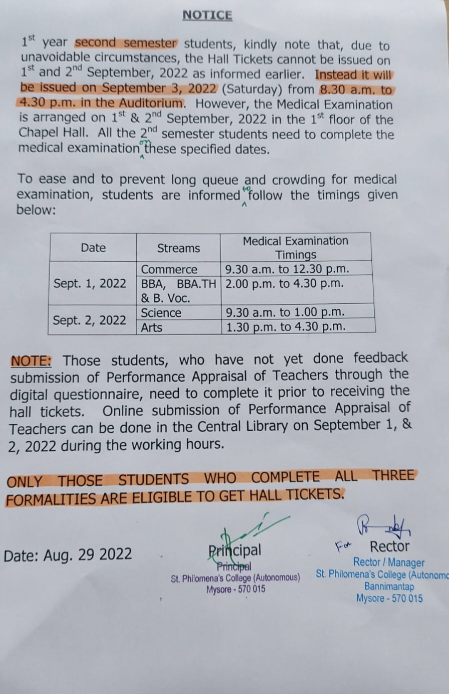 Notice regarding hall ticket distribution